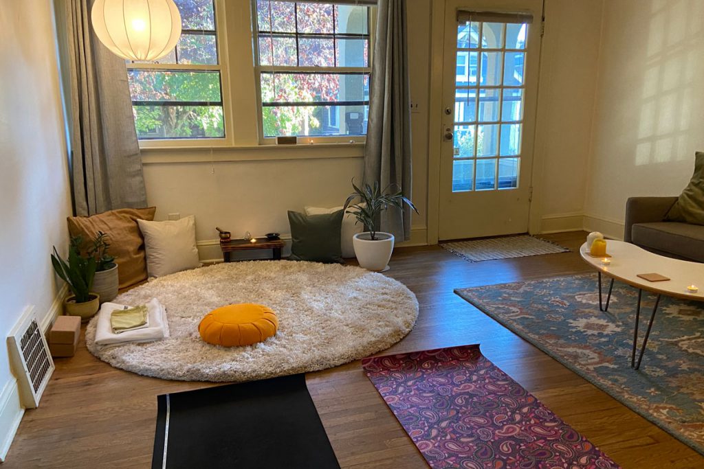 Interior view of small yin yoga studio